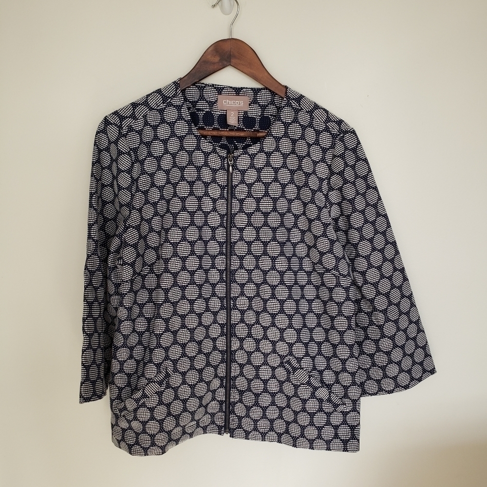 Chico's Lagenlook Boxy Cut Jacket Navy Blue Ivory